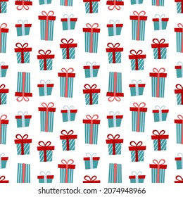 Christmas seamless pattern with Christmas gifts on a white background. Vector illustration.