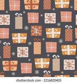 Christmas seamless pattern with gifts on a dark background. Vector design template. Happy New Year background. Season greeting.