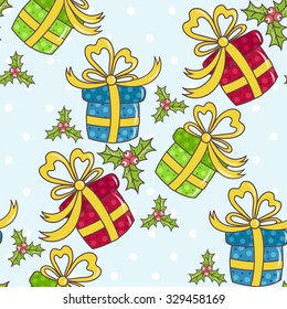 Christmas seamless pattern with gifts on a blue background