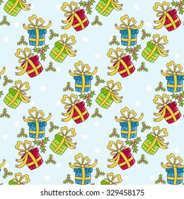 Christmas seamless pattern with gifts on a blue background
