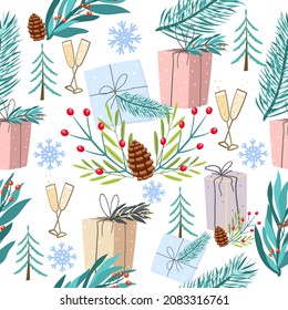 Christmas seamless pattern with gifts Christmas pine branches, berries, pine cones. Vector.