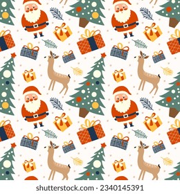 Christmas seamless pattern with gifts and reindeer, trees, needles and santa claus in flat style. Seamless Christmas pattern in blue-green and red colors with simple shapes for printing on textile or 