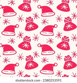 Christmas Seamless pattern with gifts and Santa Claus hats. Monochrome vector illustration
