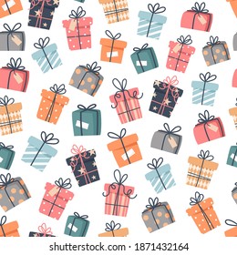 Christmas seamless pattern with gifts and snowflakes, vector illustration in flat style