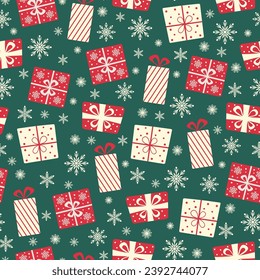 Christmas seamless pattern with gifts and snowflakes on a green background. Vector design template. Happy New Year pattern. Season greeting.