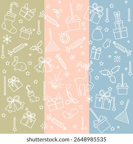 Christmas seamless pattern with gifts, stockings, holly, bells, and reindeer on colorful stripes vector