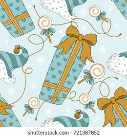 Christmas Seamless pattern with gifts and sweets. Vector illustration
