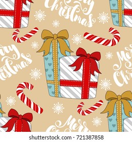 Christmas Seamless pattern with gifts and sweets. Vector illustration