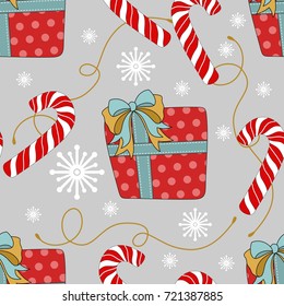 Christmas Seamless pattern with gifts and sweets. Vector illustration