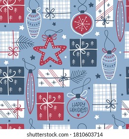 Christmas seamless pattern with gifts and Christmas toys. Christmas design for wrapping paper, fabrics, covers and cards. Vector holiday illustration