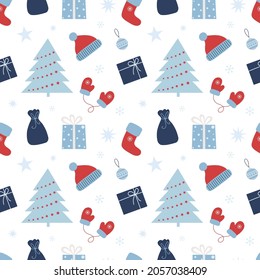 Christmas seamless pattern with gifts, christmas tree, ball and snowflakes. Can be used for fabric, wrapping paper, scrapbooking, textile, poster, banner and other christmas design. Flat style.
