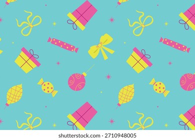 Navidades sin patrón con regalos, decoraciones de árboles, arcos y caramelos. Fondo de año Nuevo con símbolos de vacaciones sobre un fondo azul. Ilustración vectorial.