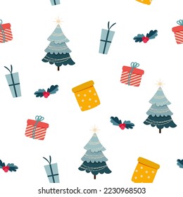 Christmas seamless pattern with gifts, trees