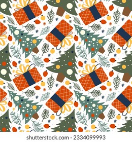 Christmas seamless pattern with gifts and trees in flat style. Seamless pattern for new year in blue green and red shades with simple shapes for textile or wrapping paper prints