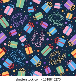 Patrón de Navidad sin fisuras con regalos para envolver papeles. Ilustración vectorial de invierno.