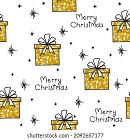 Christmas seamless pattern with gifts.Concept for wrapping paper, greeting cards. Gold sparkles. 
