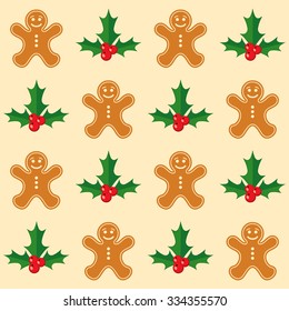 Christmas seamless pattern with ginger bread and holly berry. Vector illustration.