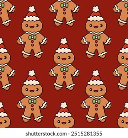 Christmas seamless pattern with ginger cookie, gingerbread man santa. Festive traditional cookies with icing on a dark red background. Winter holiday print for packaging, home decor