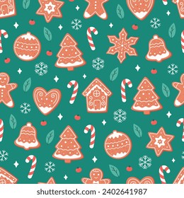 Christmas seamless pattern with ginger cookies, candy cane, snowflakes. Vector illustration in flat style