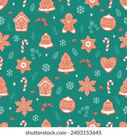 Christmas seamless pattern with ginger cookies, candy cane, snowflakes. Vector illustration in flat style