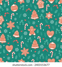 Christmas seamless pattern with ginger cookies, candy cane, snowflakes. Vector illustration in flat style