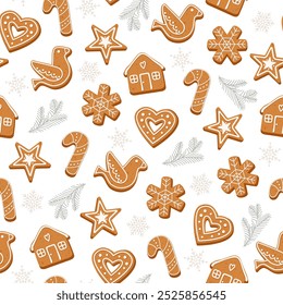 Christmas seamless pattern with ginger cookies in different form with pine branches around isolated on white background.