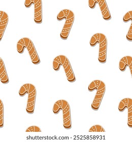 Christmas seamless pattern with ginger cookies in cane form isolated on white background.