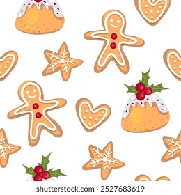 Christmas Seamless Pattern with ginger cookies . Christmas and New year Holiday pattern. Texture for Wallpaper, Gift Wrapping paper, Card or Banner Template or Fabric Textile Prints.