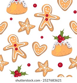 Christmas Seamless Pattern with ginger cookies . Christmas and New year Holiday pattern. Texture for Wallpaper, Gift Wrapping paper, Card or Banner Template or Fabric Textile Prints.