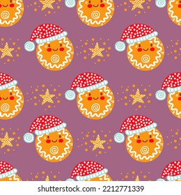 Christmas seamless pattern and ginger man heads   stars purple background vector illustration  For print   design  greeting cards  wrapping paper  fabric  porcelain  bed linen  decor