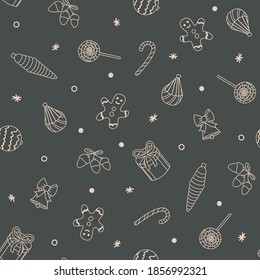 Christmas seamless pattern with gingerbread, balls, candy and bell in cartoon style. Vector illustration