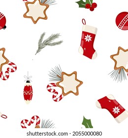 Christmas seamless pattern with gingerbread, candy cane, spruce branch, gift sock, decorations, holly.  Winter flat vector for wrapping paper, background, greeting card