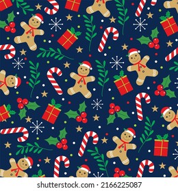 Christmas seamless pattern with gingerbread, candy cane, gifts and holly berry