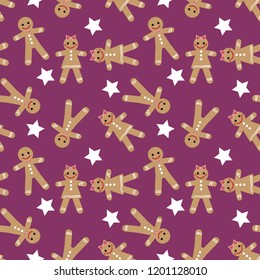 Christmas seamless pattern of gingerbread cookies and stars. Design for winter holidays greeting season, wrapping papers etc. Vector illustration.