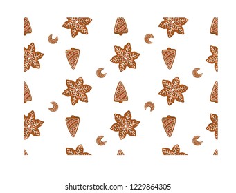 Christmas seamless pattern. Gingerbread  cookies. Snow flake, Christmas Tree. Holiday themed design