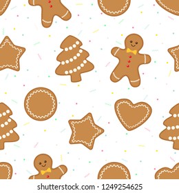 Christmas seamless pattern with gingerbread cookies on celebration background. Vector flat illustration 