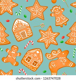 Christmas seamless pattern with gingerbread cookies and candies on blue background. Shapes of: man, girl, deer, house, star, snowflake, christmas tree. Vector 10 EPS illustration.