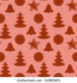 Christmas seamless pattern with gingerbread cookies in different shapes on polka dot background.