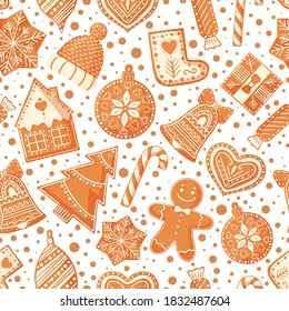 Christmas seamless pattern with gingerbread cookies. Design for Holidays decoration, wrapping paper, print, fabric or textile. Vector illustration.