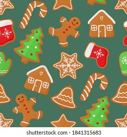 Christmas seamless pattern with gingerbread cookies. Vector isolated illustration
