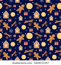 Christmas seamless pattern with gingerbread cookies, man, house, cinnamon, orange, gift, vanilla, snowflakes. Winter background. fabric, textile, wrapping paper, wallpaper and other decoration.