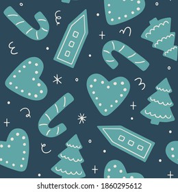 Christmas seamless pattern with gingerbread cookies. Vector background for winter holidays and Christmas design. Hand drawn surface pattern in flat style for wrapping paper, fabric, cards and gift tag