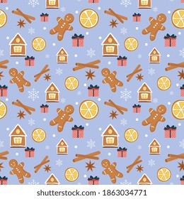 Christmas seamless pattern with gingerbread cookies, man, house, cinnamon, orange, gift, vanilla, snowflakes. Winter background. fabric, textile, wrapping paper, wallpaper and other decoration.