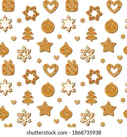 Christmas seamless pattern with gingerbread cookies on a white background. Homemade sweets in the form of a gingerbread man, a Christmas tree, toys and snowflakes. Vector illustration
