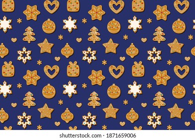 Christmas seamless pattern with gingerbread cookies on a blue background. Homemade sweets in the form of a gingerbread man, a Christmas tree, toys and snowflakes. Vector illustration