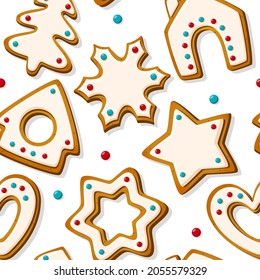 Patrón de Navidad sin fisuras con galletas de pan de jengibre sobre fondo blanco. Galletas caseras en forma de casa y árbol de Navidad, estrella, copo de nieve y corazón. Ilustración del vector