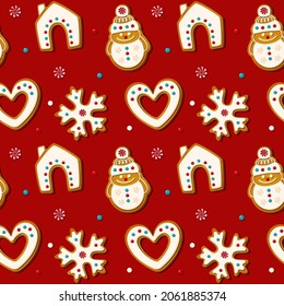 Christmas seamless pattern with gingerbread cookies on red background. Xmas homemade biscuits in shape of house and snowflake, snowman and heart. Vector illustration