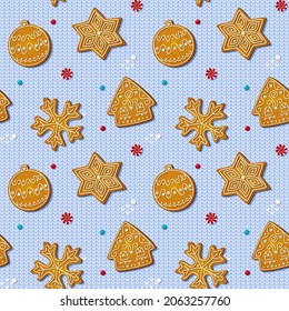 Christmas seamless pattern with gingerbread cookies on blue knitted background. Xmas homemade biscuits in shape of house and tree toy, snowflake and star. Vector illustration