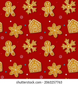 Christmas seamless pattern with gingerbread cookies on red background. Xmas homemade biscuits in shape of house and gingerbread man, snowflake and star. Vector illustration