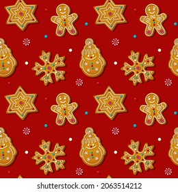 Christmas seamless pattern with gingerbread cookies on red background. Xmas homemade biscuits in shape of snowman and gingerbread man, snowflake and star. Vector illustration